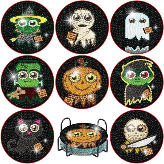 8 Pieces Halloween Diamond Art Coasters with Holder {1}