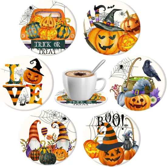 6Pcs Halloween Coasters Watercolor Ceramic Coasters Pumpkin,4.1 x 0.3 Inch {1}