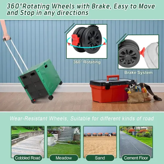 Folding Utility Cart Rolling Crate Handcart with Durable Heavy Duty Plastic Telescoping Handle Collapsible Hidden Lid 4 Rotate Wheels for Travel Shop Move Office Teacher Use(Dark Green&Black) {5}