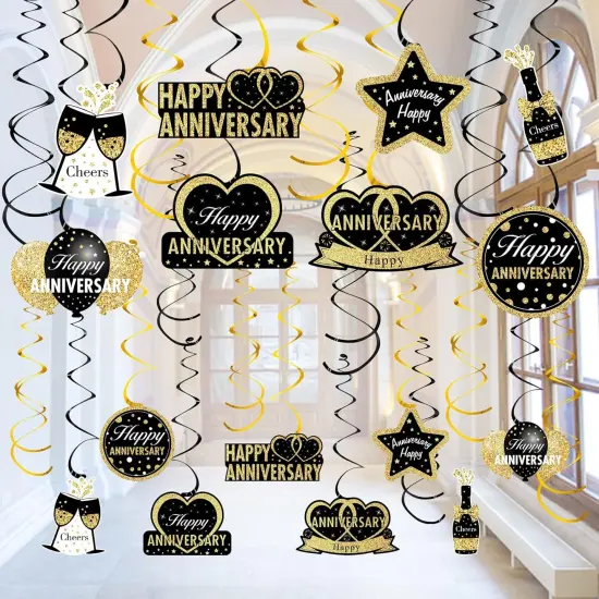 16Pcs Happy Wedding Anniversary Hanging Swirls Decorations - Black Gold {1}