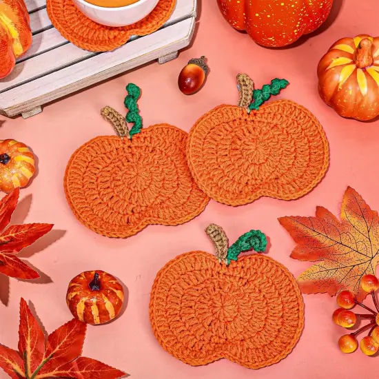 8Pcs Fall Pumpkin Coasters Handmade Crochet Drink Coaster {3}