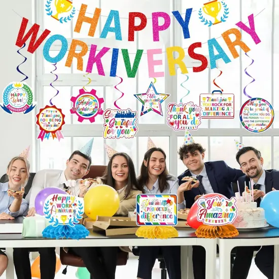 Happy Work Anniversary Decorations - 13PCS Glitter Banner, Hanging Swirls & Centerpieces (Colorful) {5}