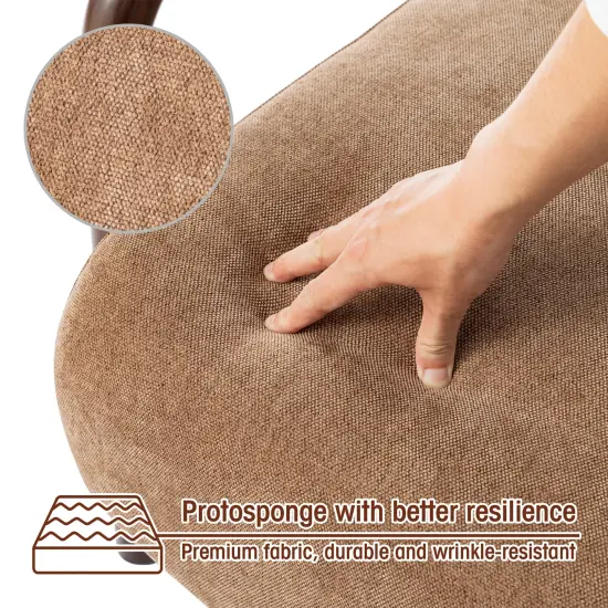 Mid-Century Modern Brown Fabric Thick Armchair with Walnut Rubberwood Frame {5}