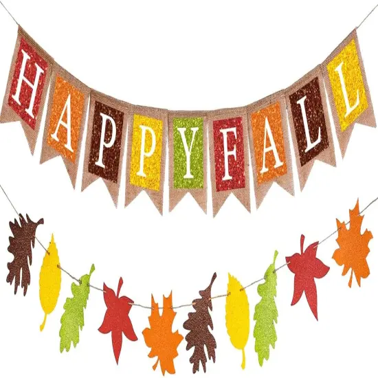 Happy Fall Burlap Banner Colorful Maple Leaf Glitter {1}
