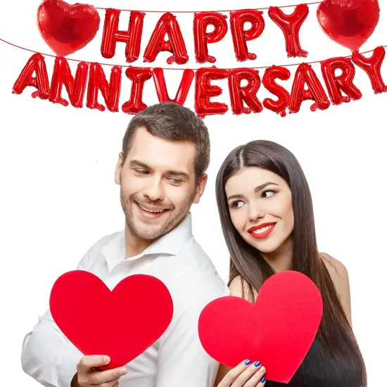 16" Red HAPPY ANNIVERSARY Letter Balloons with 18" Heart-Shaped Foil Balloons {5}