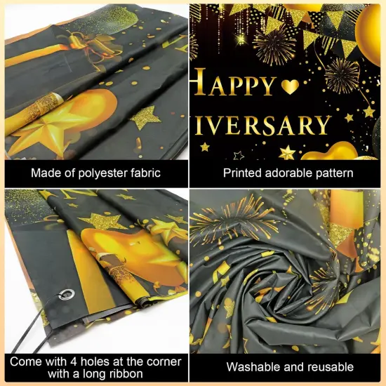 Happy Anniversary Decorations Kit - 5.9x3.6Ft Banner & 18PC Black & Gold Balloons {4}