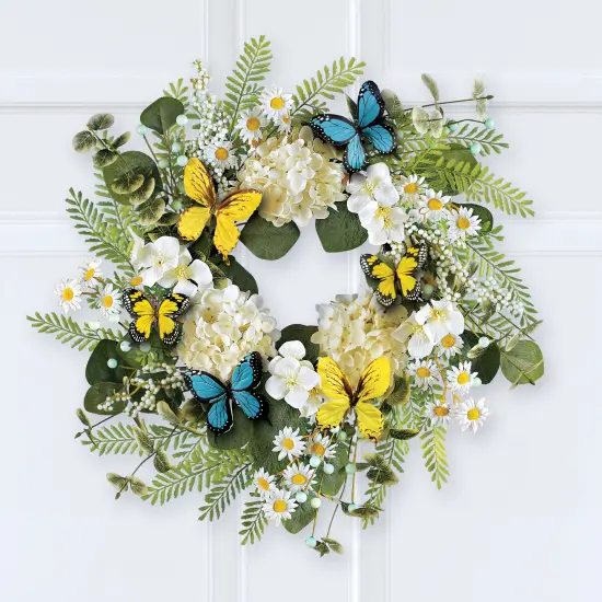 Collections Etc Beautiful Hydrangea Butterfly Garden Hanging Artificial Wreath {1}