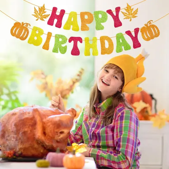 Thanksgiving Glitter Happy Birthday Banner - Autumn Fall Theme Hanging Paper {5}