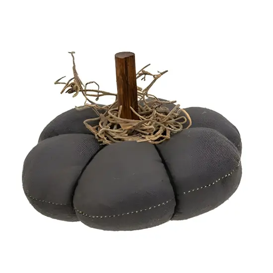 Black Fabric Ribbed Plush Pumpkin with Stick Stem and Moss, Rustic Fall Accent {1}