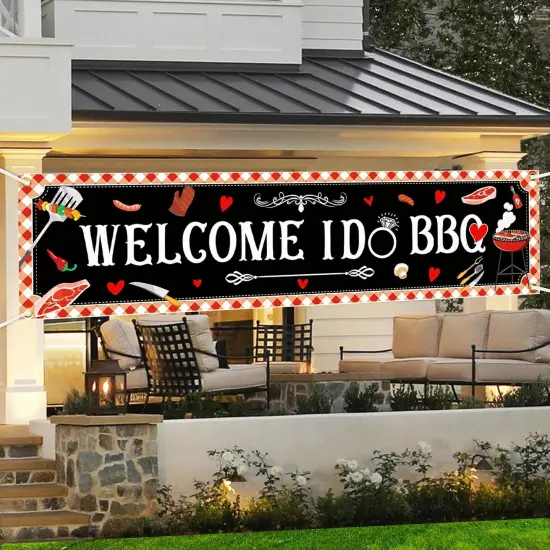 BBQ Party Decorations Welcome I DO BBQ Yard Banner Red Gingham {2}