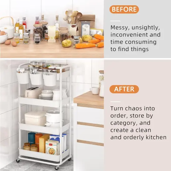 4-Tier Plastic Rolling Storage Cart - White {4}