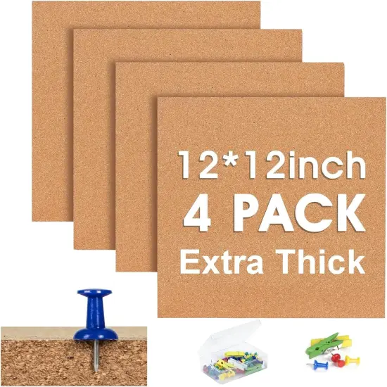 4 Pack Extra Thick 12x12 Inches Cork Board Tiles for Home Office Decor {1}