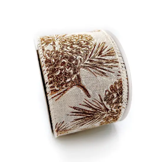 Designer’s Shop WR 63-5190 Holiday Gold Glitter Pinecones Wired edge ribbon 2.5” x 10 yard {3}