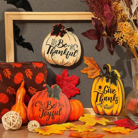 3 Pieces Thanksgiving Fall Pumpkin Wood Sign Tabletop Decor {3}