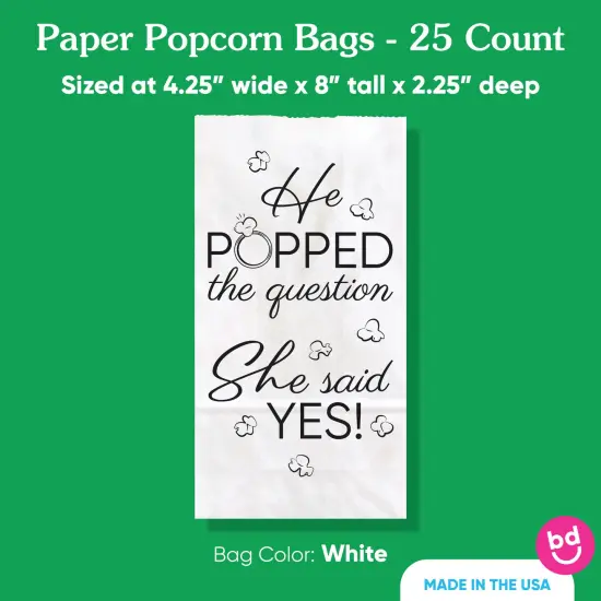 Big Dot of Happiness He Popped the Question She Said Yes Popcorn Bags, Party Favor Snack Treats, Free-Standing Individual White Paper Bags - 25 Count {5}