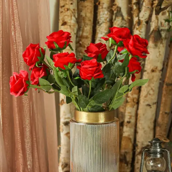 12 Pcs Red Roses Artificial Flowers Bouquet with Stems (Red) {4}