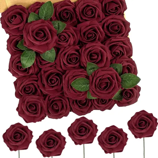 50Pcs Artificial Flowers Dark Red Roses Perfect DIY Wedding Bouquets {1}