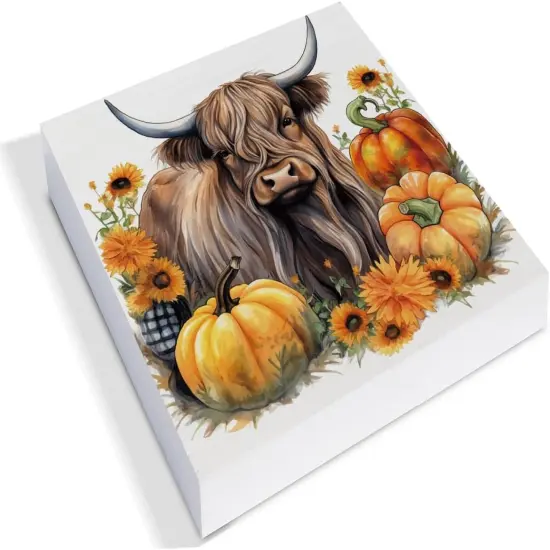 Fall Pumpkin Cow Wooden Sign Tabletop Decor 5 X 5 Inches {2}