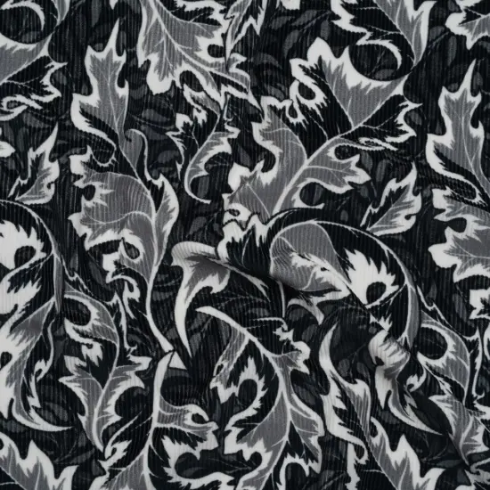 1 Yard Black White Gray Oak Leaves Soft Cotton Print Corduroy Print Fabric 59 Width {1}