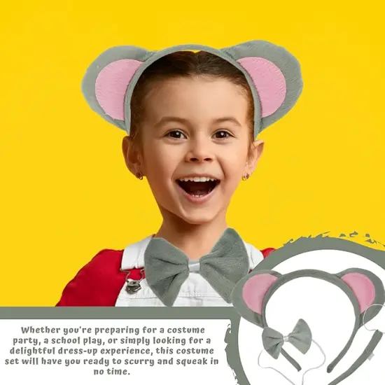 4E's Novelty Mouse Costume Set 3 Pcs for Kids & Adults - Mouse Ears Headband, Bowtie & Tail Cosplay Kit - Halloween, Party, Dress Up Accessories for Girls, Boys, Men, Women, Pets {5}
