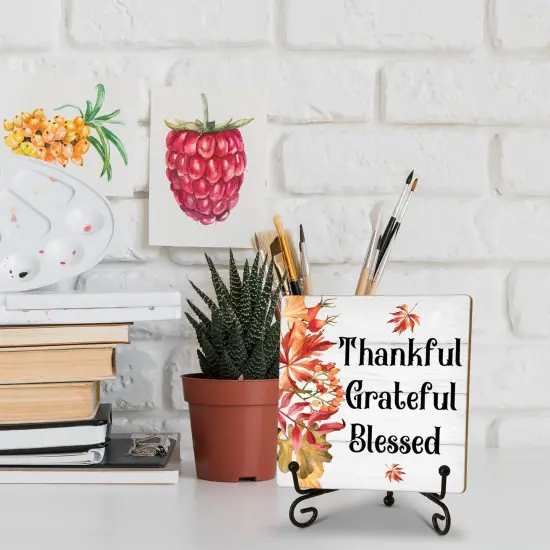 Fall Thankful Grateful Blessed Sign Tabletop Decor With Stand {5}
