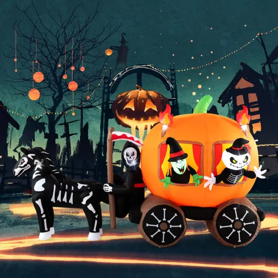 Costway 10.2 ft Long Halloween Inflatable Carriage LED Lighted Carriage w/ Pumpkin 2 Ghosts Witch & Skull Horse {3}