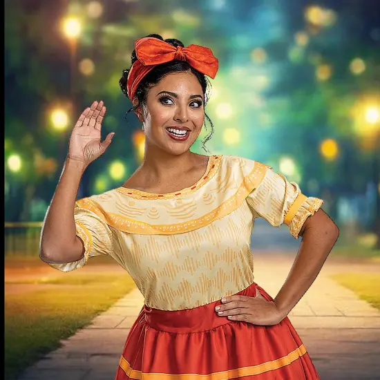 Womens Deluxe Dolores Madrigal Costume With Bow Headpiece And Encanto Inspired Dress {2}