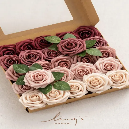 25Pcs Artificial Flowers Roses in Burgundy Mauve Shades Bouquets {5}