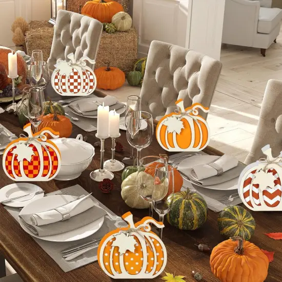 6 Pcs 3D Fall Wooden Pumpkin Tabletop Signs Decorations {5}