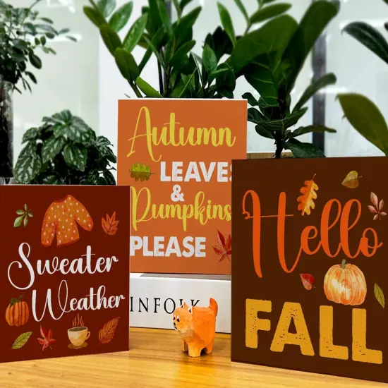 3 Pcs Hello Fall Wood Signs Tabletop Decor {4}