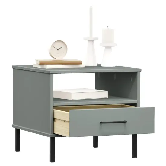 vidaXL Bedside Table with Metal Legs Gray Solid Wood Pine OSLO {3}