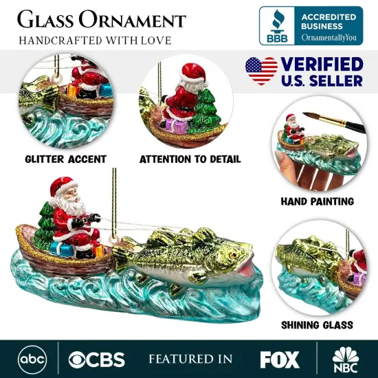 Santa's Fishing Adventure Glass Christmas Ornament, Holiday Angler Fish in Sleigh {3}