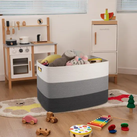 OIAHOMY 108L Super Large Blanket Basket, 25&rdquo;x16&rdquo;x16&rdquo; Rectangle Woven Baskets for Storage, Cotton Rope Basket For Living Room, Toy Storage with Handle- Gradient Dark Grey {6}