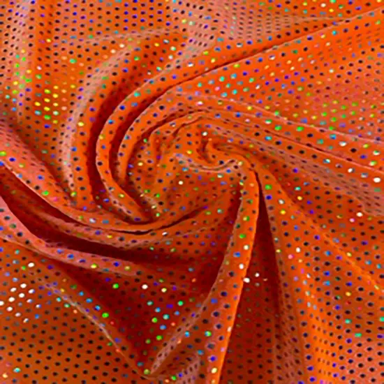 1 Yard Glued Hologram Sequin Stretch Velvet Fabric 60 Inches Width Orange Silver {1}