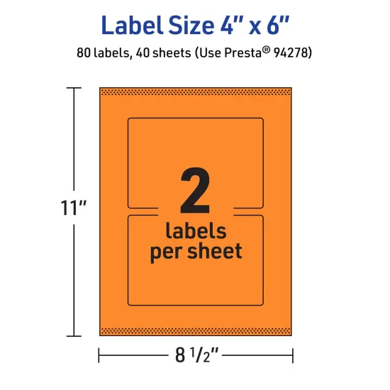 Avery Bright Orange Paper Labels, 4" x 6" Rectangle {5}