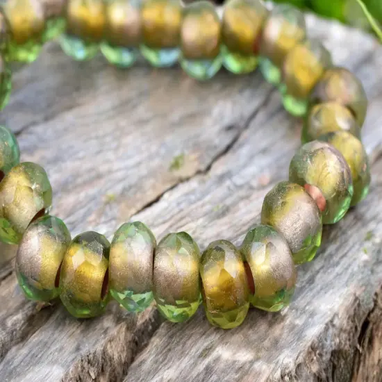 *15* 7x12mm Copper Lined Olivine Fire Polished Large Hole Rondelle Beads {4}