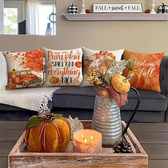 Set of 4 Fall Orange Truck Pumpkin Pillow Covers 20x20 {5}