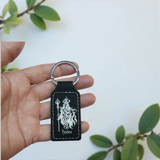 Keychain - Rectangle - Hades God of the Underworld - Leather Black/Silver {7}