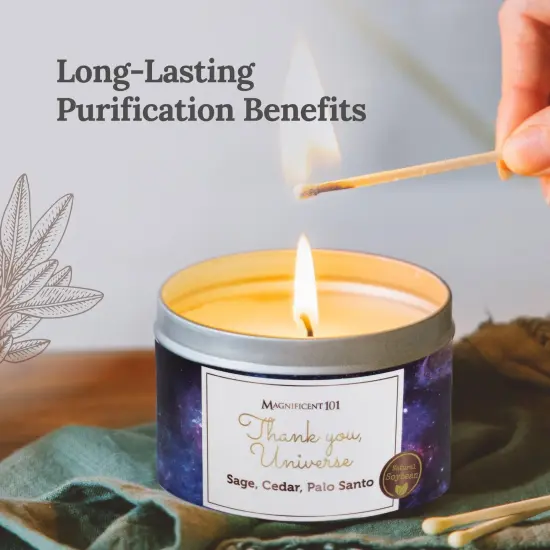 Magnificent 101 Long Lasting Affirmation Tin Candle with Sage, Cedar & Palo Santo Scented | 6 Oz - 35 Hour Burn | Made of Soy Wax for Energy Cleansing, Manifestation | Thank You Universe Multicolor {2}
