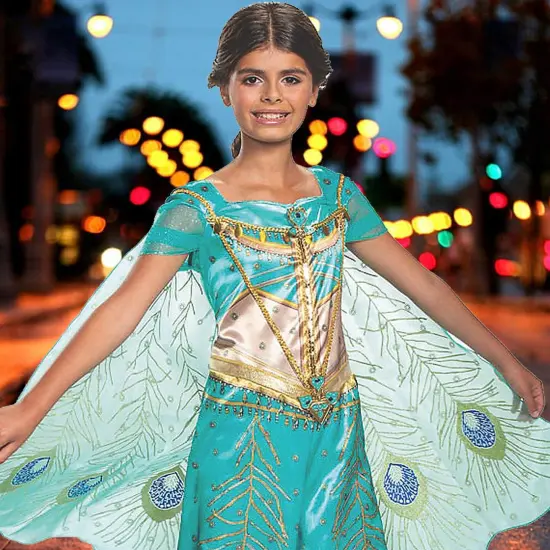 Jasmine Teal Deluxe Girls Costume with Cape Iconic Disney Princess {2}