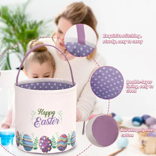 Easter Bunny Basket Egg Buckets Gifts Tote Bags, Canvas Cotton Purple Cute Personalized Egg Hunt Basket Stuffers for Easter Party {3}