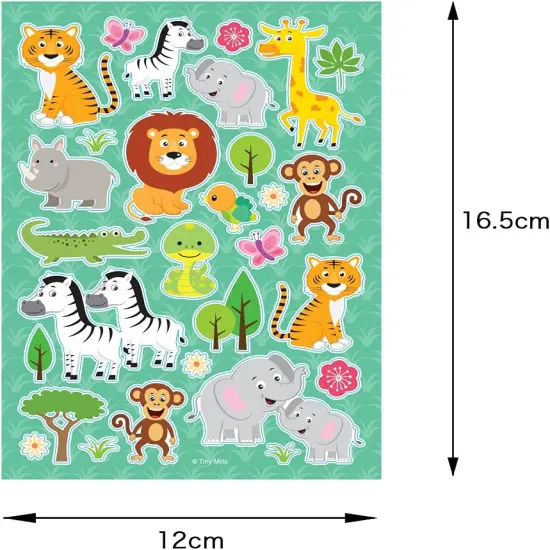 TINYMILLS Safari Animals Jungle Book Birthday Party Favor Set of 108 pcs (12 Large Party Favor Treat Bags with Handles, 24 Self-Ink Stamps for Kids, 12 Sticker Sheets, 12 Coloring Books, 48 Crayons) {5}