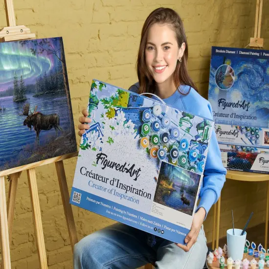 Figured'Art Paint by Numbers for Adults with Frame Moose and aurora borealis 16"x20" - Craft Art Painting DIY Kit Canvas Already Stretched on a Wooden Frame {2}