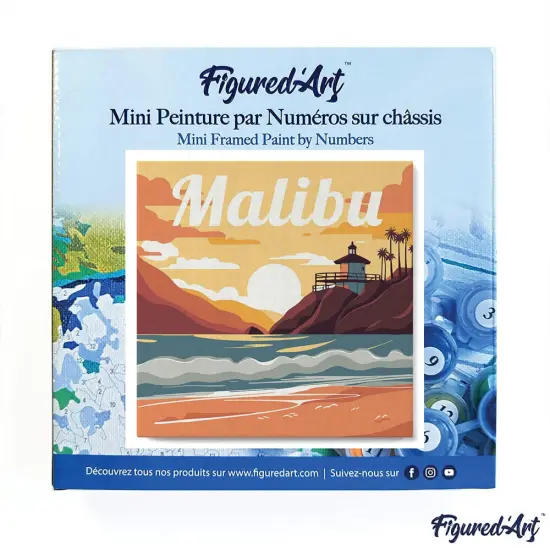 Figured'Art Mini Paint by Numbers Kit for Adults with Frame Travel Poster Malibu Small format 8"x8" - Craft Art Painting DIY Canvas Already Stretched on a Wooden Frame {3}