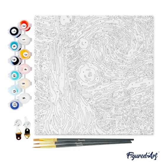 Figured'Art Mini Paint by Numbers Kit for Adults with Frame Van Gogh Starry Night Small format 8"x8" - Craft Art Painting DIY Canvas Already Stretched on a Wooden Frame {4}