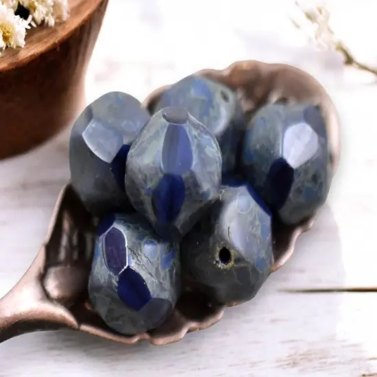 *16* 9mm Navy Blue Picasso Central Cut Round Beads {3}