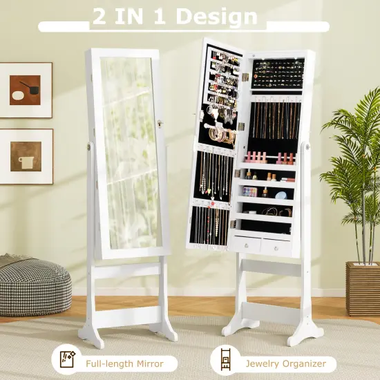 Lockable Freestanding Jewelry Cabinet Armoire with Full-Length Mirror and Lights White {5}