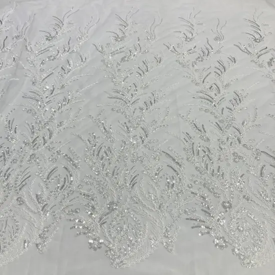 1 Yard Elegant Beaded Lace Fabric with Embroidered Floral Design on 100% Polyester Mesh, GD-210904 White {4}