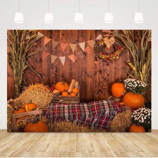 Fall Thanksgiving Photography Backdrop Rustic Wooden- 5x3ft Autumn Pumpkins {1}
