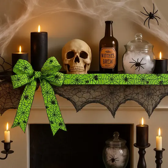 Designer&rsquo;s Shop WR 63-5098 Halloween Spider & Web Wired Ribbon &ndash; 2.5" x 10 Yards &ndash; Neon Green Black Print {4}
